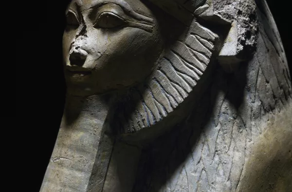 Sphinx of Queen Hatshepsut, circa 1479–1425 BC, painted limestone, Deir el-Bahari, Grand Egyptian Museum (GEM), Cairo, © akg-images / De Agostini Picture Lib. / A. Dagli Orti