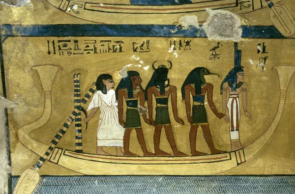 Solar barque, detail from the Book of the Dead, mural, tomb of Anurekha, circa 1186-1146 BC, Luxor © Hervé Champollion / akg-images